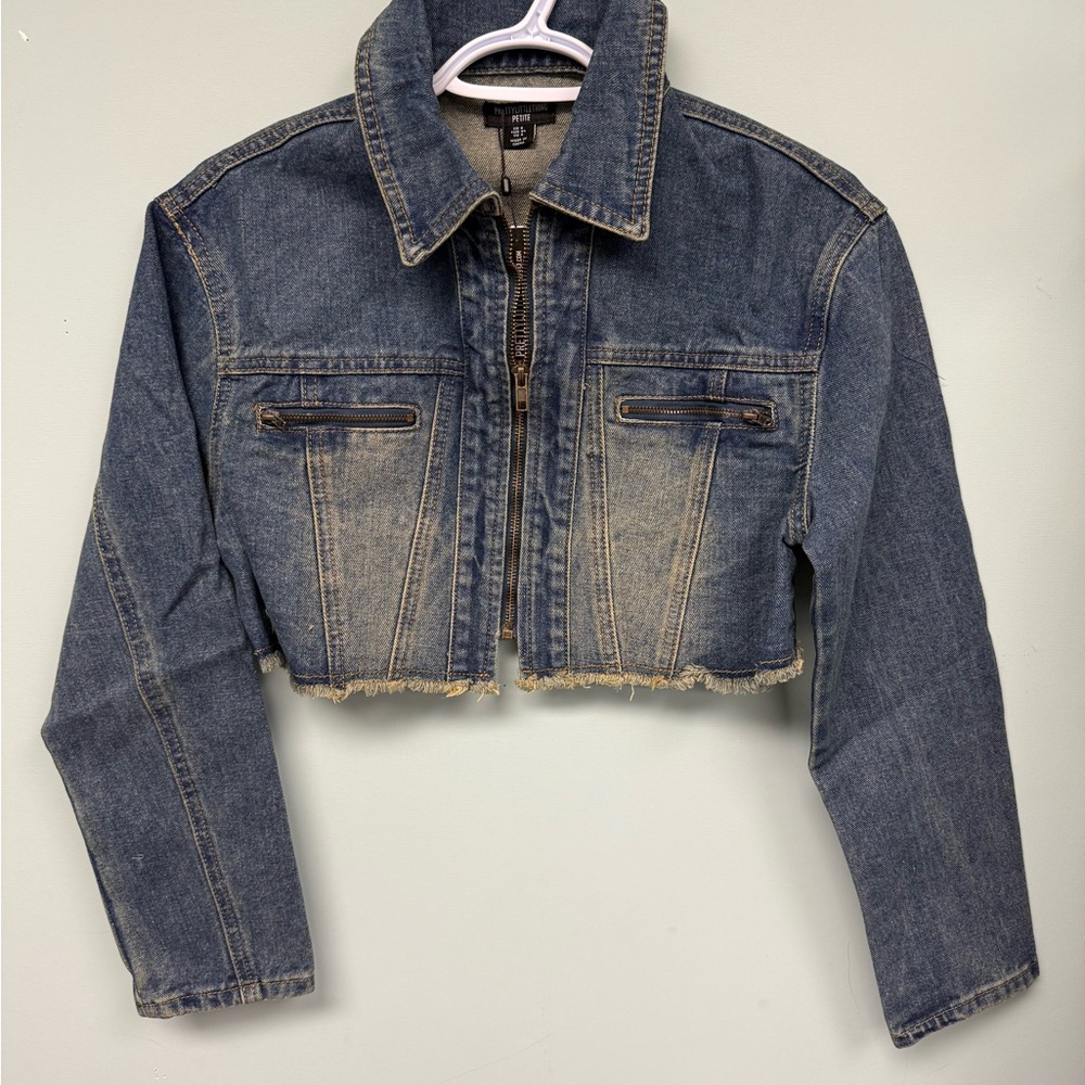 PrettyLittleThing Blue Cropped Jean Jacket with Zipper